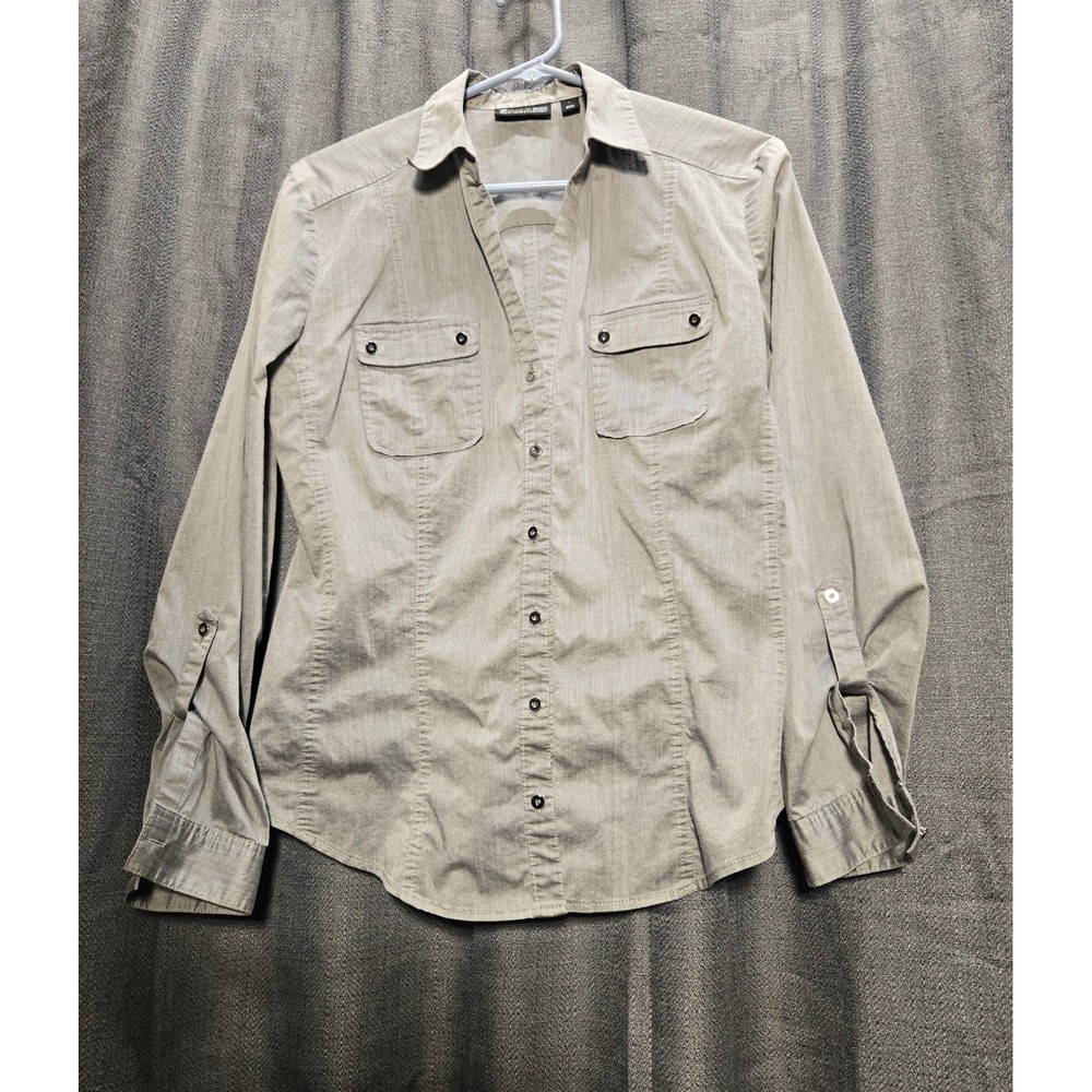 7th Avenue Button Down Shirt Roll Tab Sleeve Pockets Gray‎ Size Large